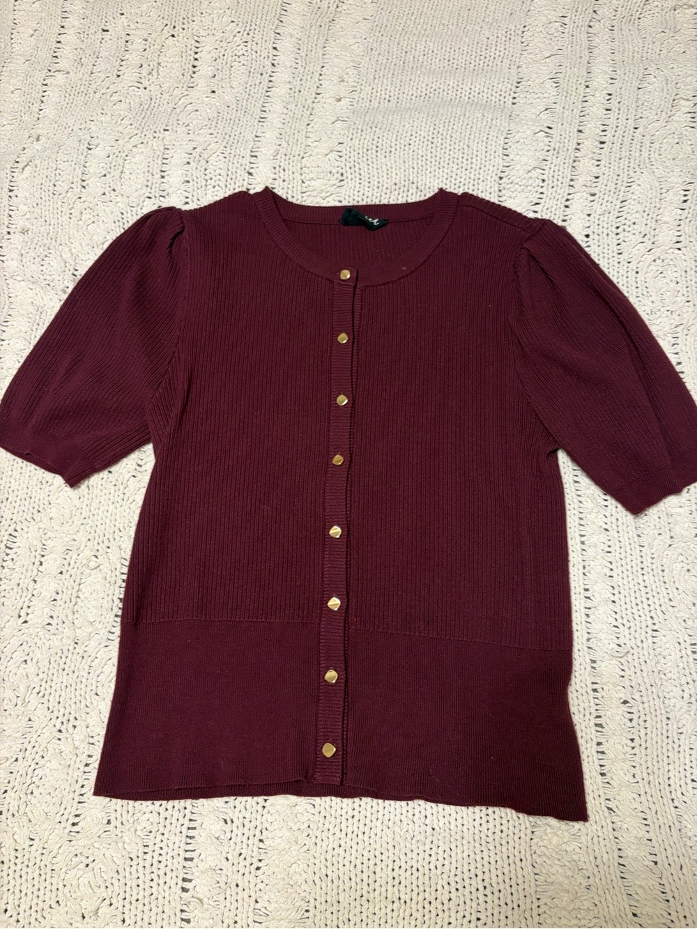 Marled Maroon Button-Front Short Sleeve Knit Top